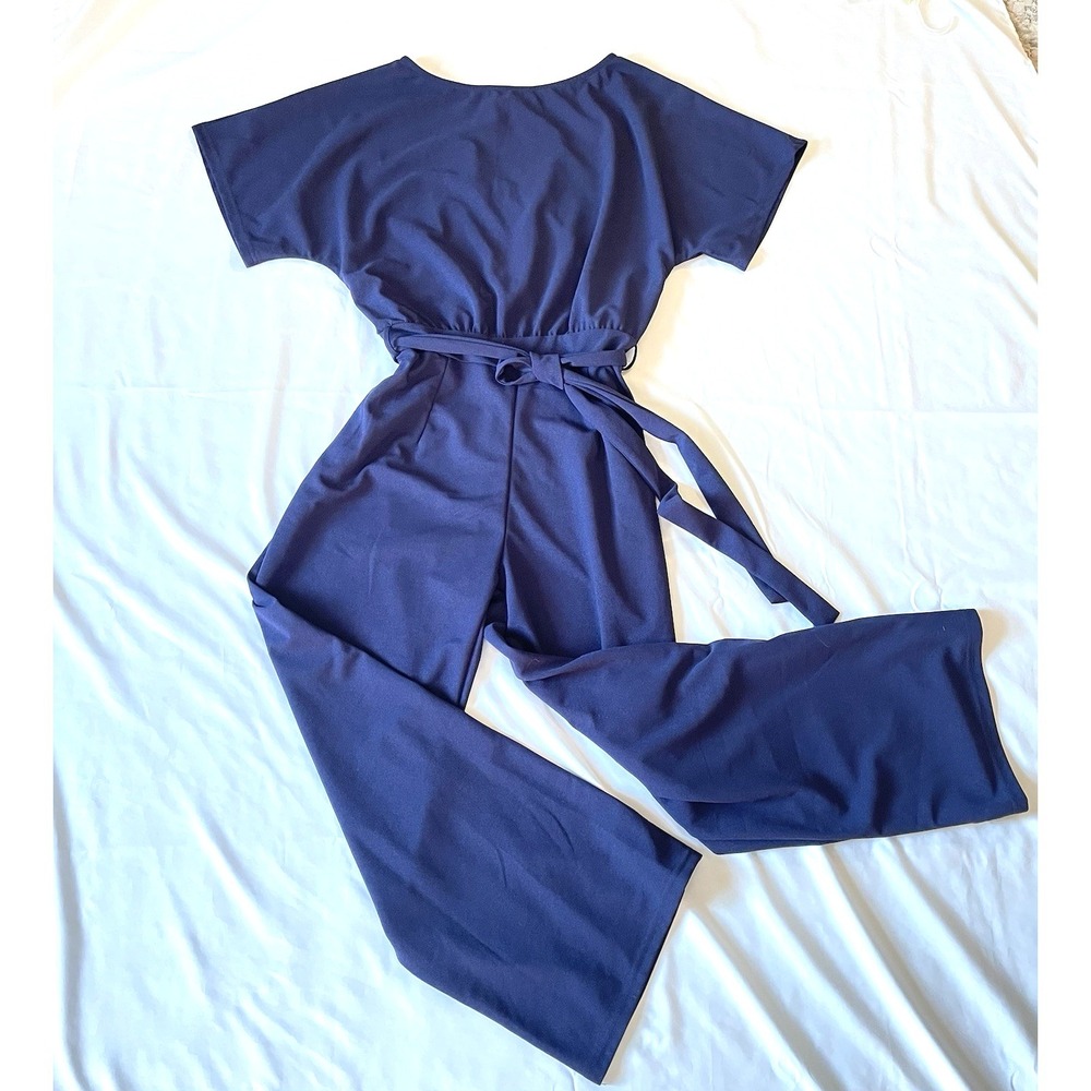 Women's Navy XL One Piece Romper/Jumpsuit Short Sleeve Belted Side Zipper Long - Picture 1 of 11